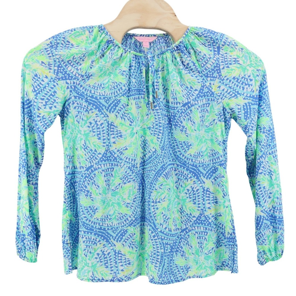 Lilly Pulitzer Blue‎ Green Print Long Sleeve Tie Neck Tunic Top Shirt Size Small